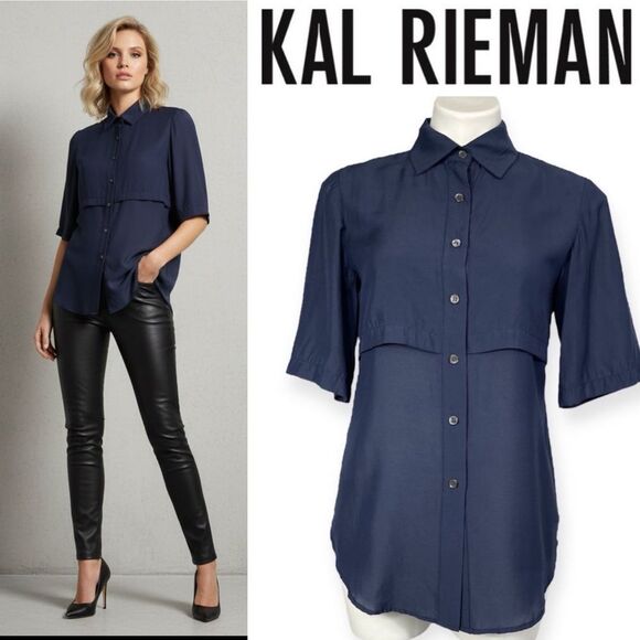 Kal Rieman Navy Blue Blouse Button Down Shirt Short Sleeve Size 2 Made in USA - Picture 2 of 16